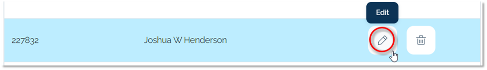 Participant record list item with pencil icon marked with red circle.